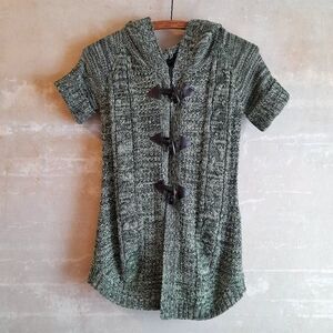 230a. vintage green hooded cable knit short sleeve cardigan y2k sweater dress, S